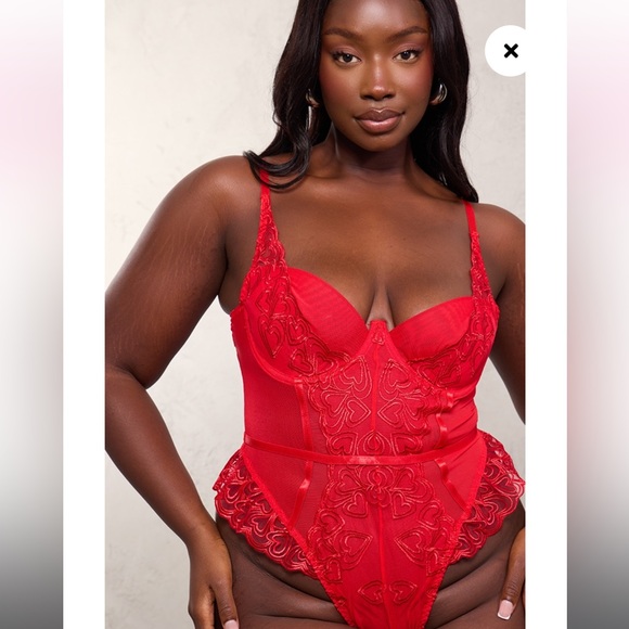 PRETTYLITTLETHING Red Heart Embroidered Lace Bodysuit - Picture 3 of 12